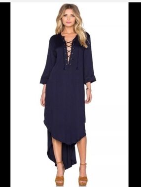 Faithfull The Brand Navy Blue V-neck Hi-Lo Dress, 100% Rayon, Size XS